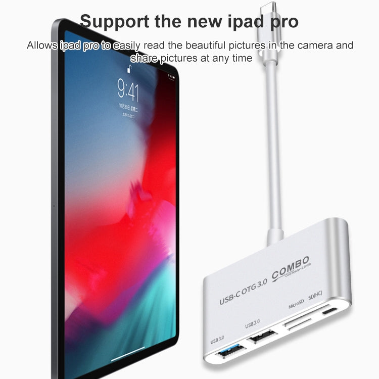 COMBO T-693 5 in 1 USB-C / Type-C to SD / TF / Micro SD Card Slot + USB 3.0 + USB 2.0Ports OTG HUB Card Reader(Silver)