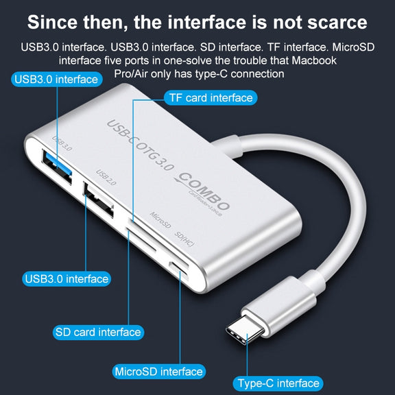 COMBO T-693 5 in 1 USB-C / Type-C to SD / TF / Micro SD Card Slot + USB 3.0 + USB 2.0Ports OTG HUB Card Reader(Silver)