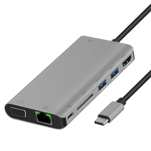Onten 9591BD 8 in 1 USB-C / Type-C to PD USB-C / Type-C Charging + Gigabit Ethernet + Dual USB 3.0 + HDMI + VGA + SD Card Slot + 3.5mm AUX HUB(Grey) - free shipping - PMC Jewellery - Order now!