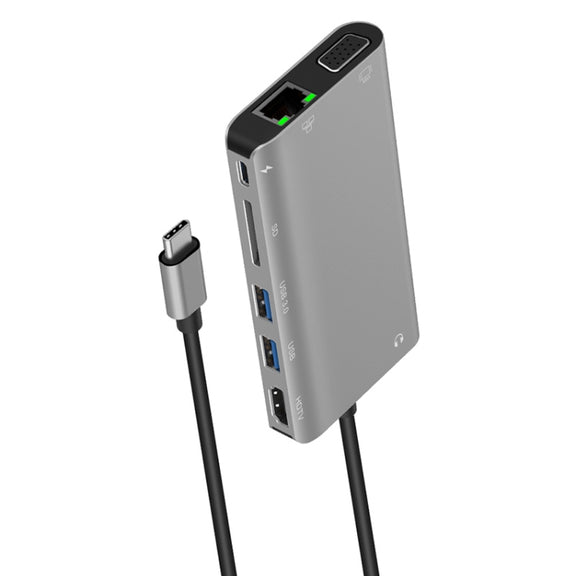 Onten 9591BD 8 in 1 USB-C / Type-C to PD USB-C / Type-C Charging + Gigabit Ethernet + Dual USB 3.0 + HDMI + VGA + SD Card Slot + 3.5mm AUX HUB(Grey)