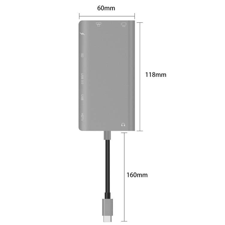 Onten 9591BD 8 in 1 USB-C / Type-C to PD USB-C / Type-C Charging + Gigabit Ethernet + Dual USB 3.0 + HDMI + VGA + SD Card Slot + 3.5mm AUX HUB(Grey)