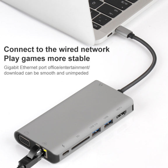 Onten 9591BD 8 in 1 USB-C / Type-C to PD USB-C / Type-C Charging + Gigabit Ethernet + Dual USB 3.0 + HDMI + VGA + SD Card Slot + 3.5mm AUX HUB(Grey)