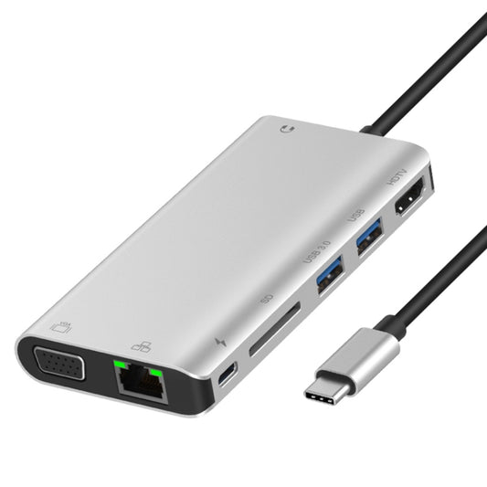 Onten 9591BD 8 in 1 USB-C / Type-C to PD USB-C / Type-C Charging + Gigabit Ethernet + Dual USB 3.0 + HDMI + VGA + SD Card Slot + 3.5mm AUX HUB(Silver) - free shipping - PMC Jewellery - Order now!
