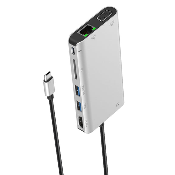 Onten 9591BD 8 in 1 USB-C / Type-C to PD USB-C / Type-C Charging + Gigabit Ethernet + Dual USB 3.0 + HDMI + VGA + SD Card Slot + 3.5mm AUX HUB(Silver)