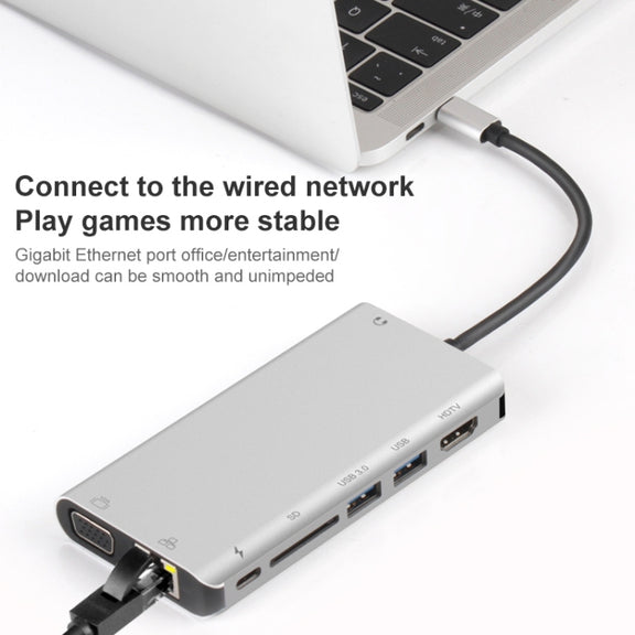 Onten 9591BD 8 in 1 USB-C / Type-C to PD USB-C / Type-C Charging + Gigabit Ethernet + Dual USB 3.0 + HDMI + VGA + SD Card Slot + 3.5mm AUX HUB(Silver)
