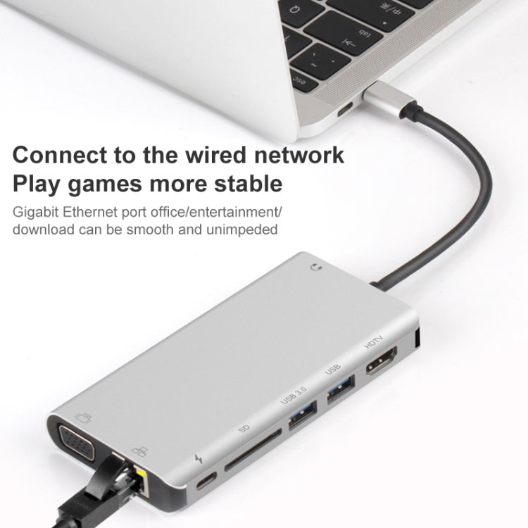 Onten 9591BD 8 in 1 USB-C / Type-C to PD USB-C / Type-C Charging + Gigabit Ethernet + Dual USB 3.0 + HDMI + VGA + SD Card Slot + 3.5mm AUX HUB(Silver)