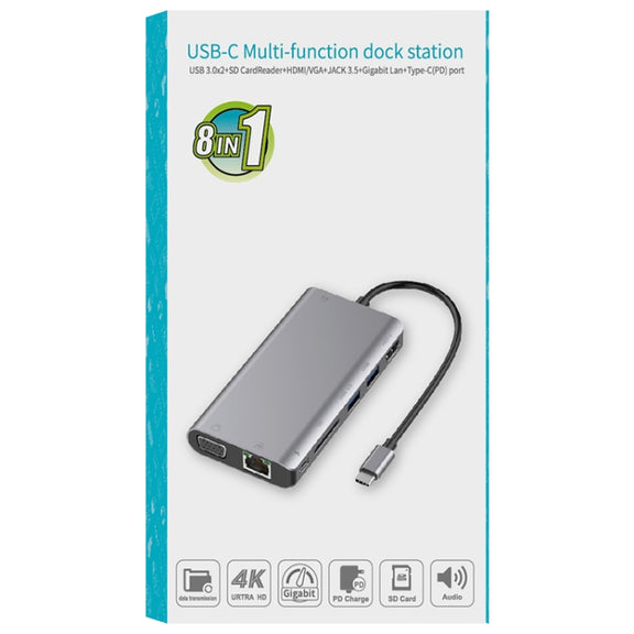 Onten 9591BD 8 in 1 USB-C / Type-C to PD USB-C / Type-C Charging + Gigabit Ethernet + Dual USB 3.0 + HDMI + VGA + SD Card Slot + 3.5mm AUX HUB(Grey)