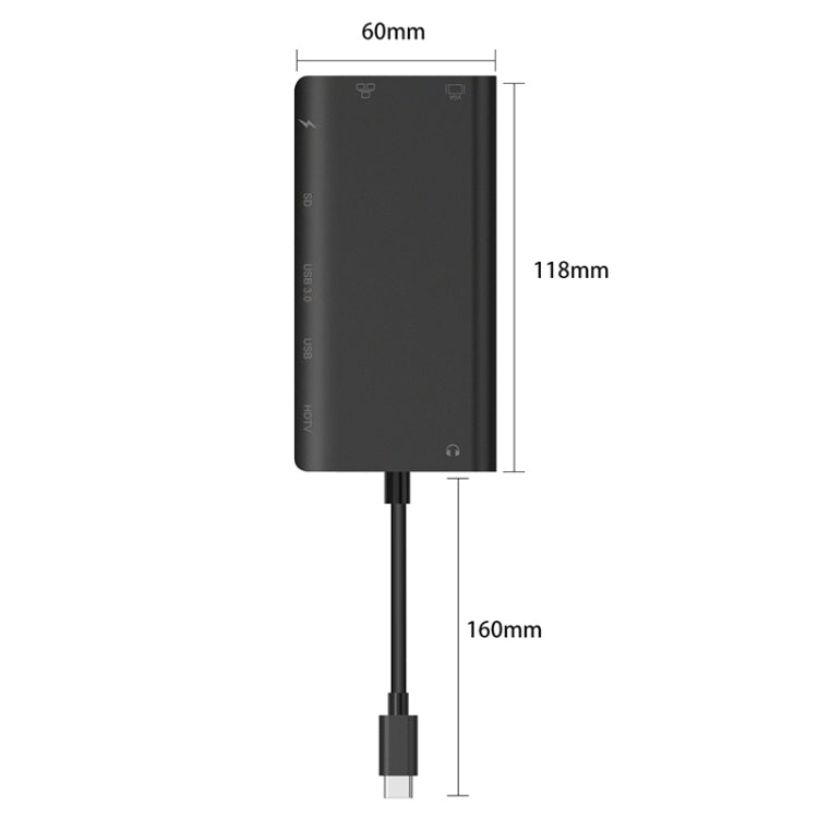 Onten 9591BD 8 in 1 USB-C / Type-C to PD USB-C / Type-C Charging + 100M Ethernet Port + Dual USB 3.0 + HDMI + VGA + SD Card Slot + 3.5mm AUX HUB (Black)