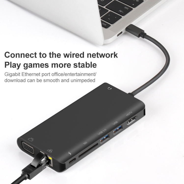 Onten 9591BD 8 in 1 USB-C / Type-C to PD USB-C / Type-C Charging + 100M Ethernet Port + Dual USB 3.0 + HDMI + VGA + SD Card Slot + 3.5mm AUX HUB (Black)
