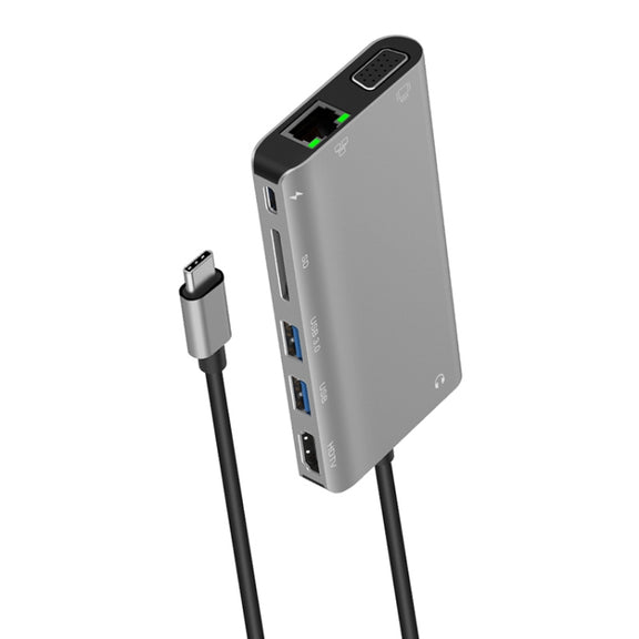 Onten 9591BD 8 in 1 USB-C / Type-C to PD USB-C / Type-C Charging + 100M Ethernet Port + Dual USB 3.0 + HDMI + VGA + SD Card Slot + 3.5mm AUX HUB (Grey)