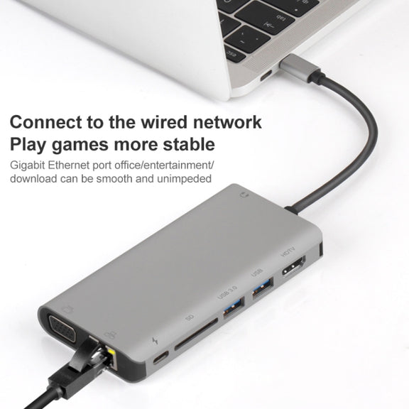 Onten 9591BD 8 in 1 USB-C / Type-C to PD USB-C / Type-C Charging + 100M Ethernet Port + Dual USB 3.0 + HDMI + VGA + SD Card Slot + 3.5mm AUX HUB (Grey)