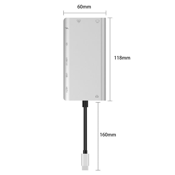Onten 9591BD 8 in 1 USB-C / Type-C to PD USB-C / Type-C Charging + 100M Ethernet Port + Dual USB 3.0 + HDMI + VGA + SD Card Slot + 3.5mm AUX HUB (Silver)