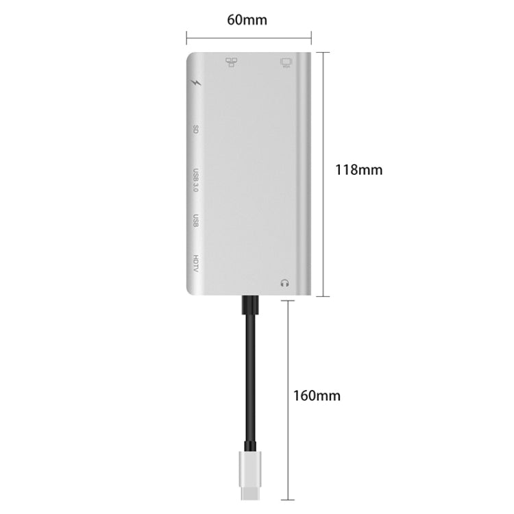 Onten 9591BD 8 in 1 USB-C / Type-C to PD USB-C / Type-C Charging + 100M Ethernet Port + Dual USB 3.0 + HDMI + VGA + SD Card Slot + 3.5mm AUX HUB (Silver)