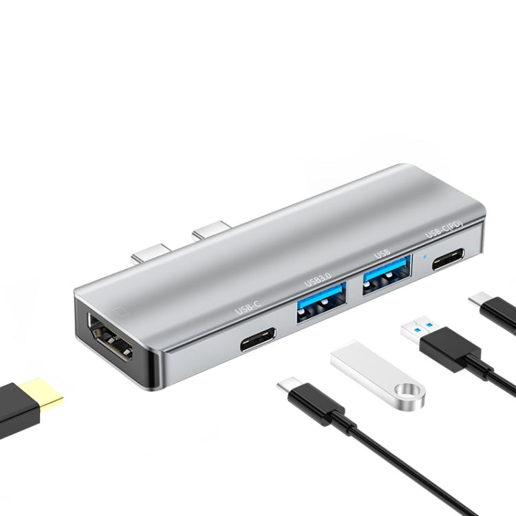 YG-2102 5 in 1 Dual USB-C / Type-C to USB Docking Station HUB Adapter (Silver)