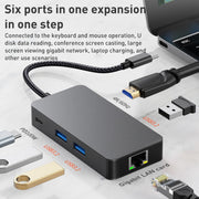 BYL-2308 6 in 1 USB-C / Type-C to USB3.2 + Gigabit Internet + HDTV HUB Adapter (Dark Gray)