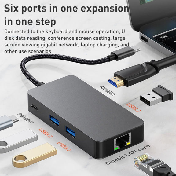 BYL-2308 6 in 1 USB-C / Type-C to USB3.2 + Gigabit Internet + HDTV HUB Adapter (Dark Gray)