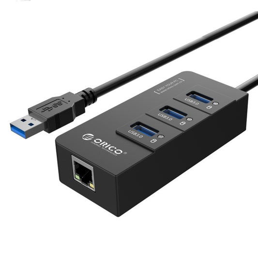 ORICO HR01-U3 ABS 3 Ports USB3.0 HUB Splitter with External RJ45 Gigabit Ethernet Network Card 5 Gbps for Laptops / Desktop / Ultrabook etc.(Black) - free shipping - PMC Jewellery - Order now!