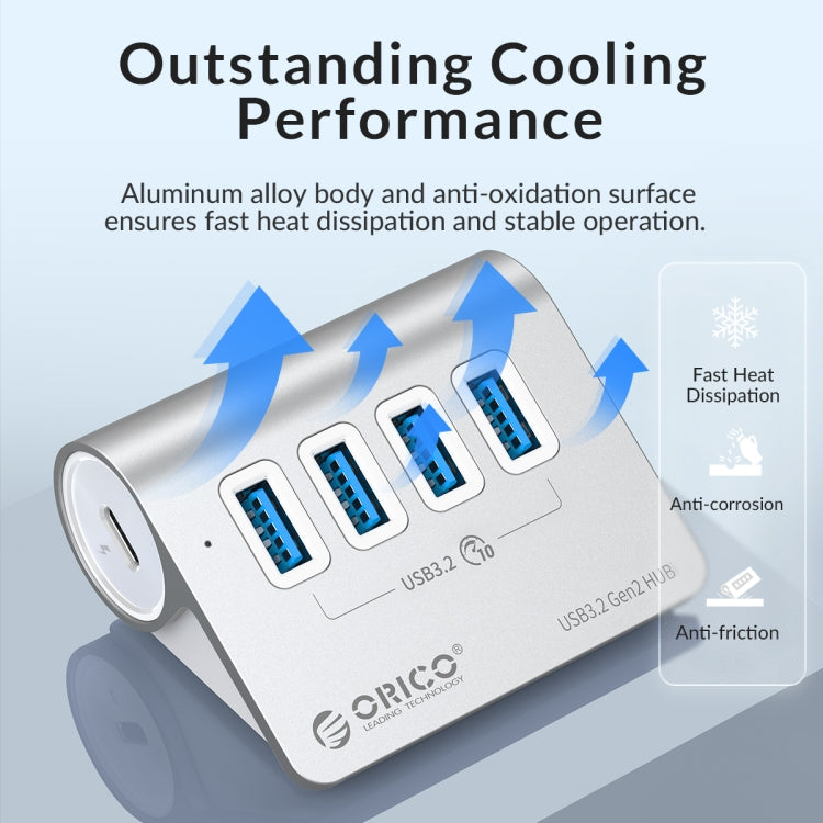 ORICO M3U4 Aluminum Alloy 4-Port USB 3.2 Gen1 10Gbps HUB (Silver) - free shipping - PMC Jewellery - Order now!