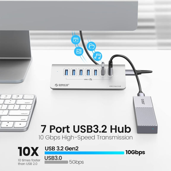 ORICO M3U7-G2 Aluminum Alloy 7-Port USB 3.2 Gen2 10Gbps HUB with 0.5m Cable (Silver)