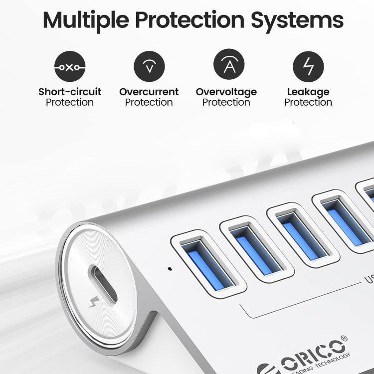 ORICO M3U7-G2 Aluminum Alloy 7-Port USB 3.2 Gen2 10Gbps HUB with 0.5m Cable (Silver) - free shipping - PMC Jewellery - Order now!