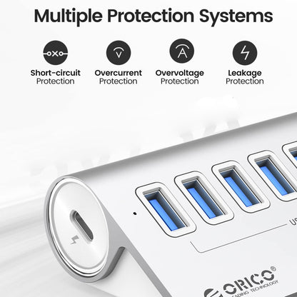 ORICO M3U7-G2 Aluminum Alloy 7-Port USB 3.2 Gen2 10Gbps HUB with 0.5m Cable (Silver) - free shipping - PMC Jewellery - Order now!