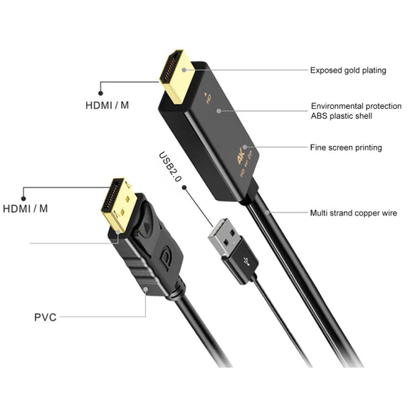 Onten H147 HDMI Male + USB 2.0 Male to DisplayPort Male Adapter Cable, Length：1.8m