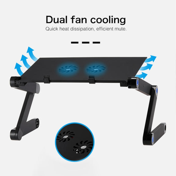 Portable 360 Degree Adjustable Foldable Aluminium Alloy Desk Stand with Double CPU Fans & Mouse Pad for Laptop / Notebook, Desk Size: 480mm x 260mm(Black)
