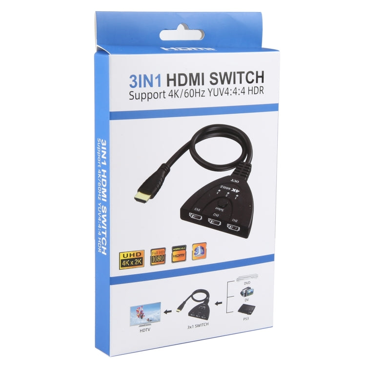 3 x 1 4K 60Hz YUV4:4:4 HDR HDMI Switcher with Pigtail HDMI Cable - Switch by PMC TechLife | Online Shopping South Africa | PMC TechLife | Buy Now Pay Later Mobicred