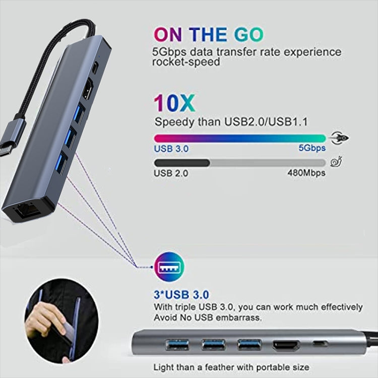 BYL-2210 6 in 1 USB-C / Type-C to USB Multifunctional Docking Station HUB Adapter with 1000M Network Port - USB HUB by PMC Jewellery | Online Shopping South Africa | PMC Jewellery | Buy Now Pay Later Mobicred