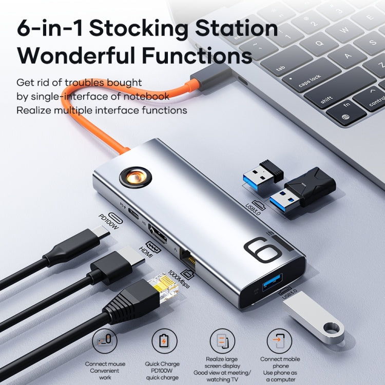ROCK TR28 HDMI 4K Gigabit Network PD Quick Charger 6 in 1 USB 3.0 HUB (Silver Black) - free shipping - PMC TechLife - Order now!