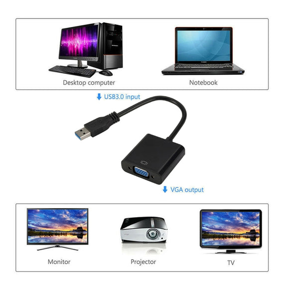 External Graphics Card Converter Cable USB3.0 to VGA, Resolution: 1080P(Black)