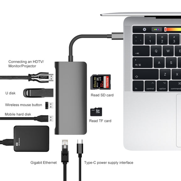 9591C 8 In 1 USB 3.0 x3 + SD / TF Card + HDMI + RJ45 + Type-C / USB-C (PD) Multi-function HUB Converter Dock Station (Black)