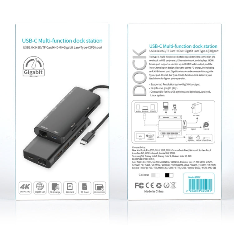9591C 8 In 1 USB 3.0 x3 + SD / TF Card + HDMI + RJ45 + Type-C / USB-C (PD) Multi-function HUB Converter Dock Station (Black)