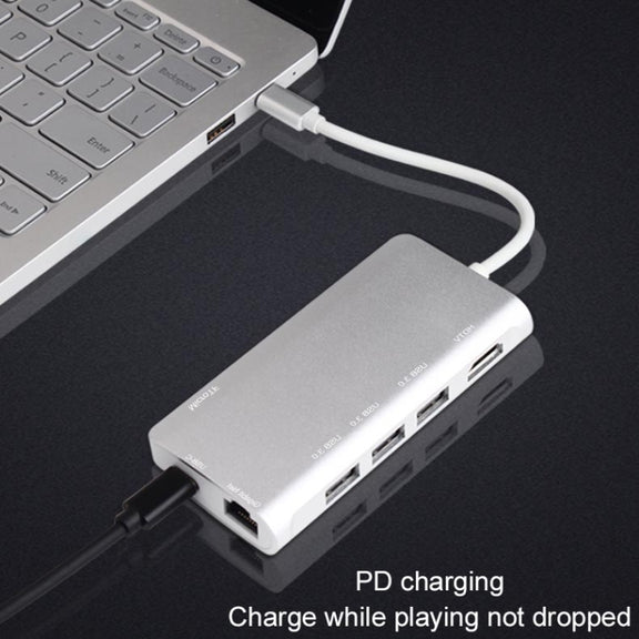 9591C 8 In 1 USB 3.0 x3 + SD / TF Card + HDMI + RJ45 + Type-C / USB-C (PD) Multi-function HUB Converter Dock Station(Silver)