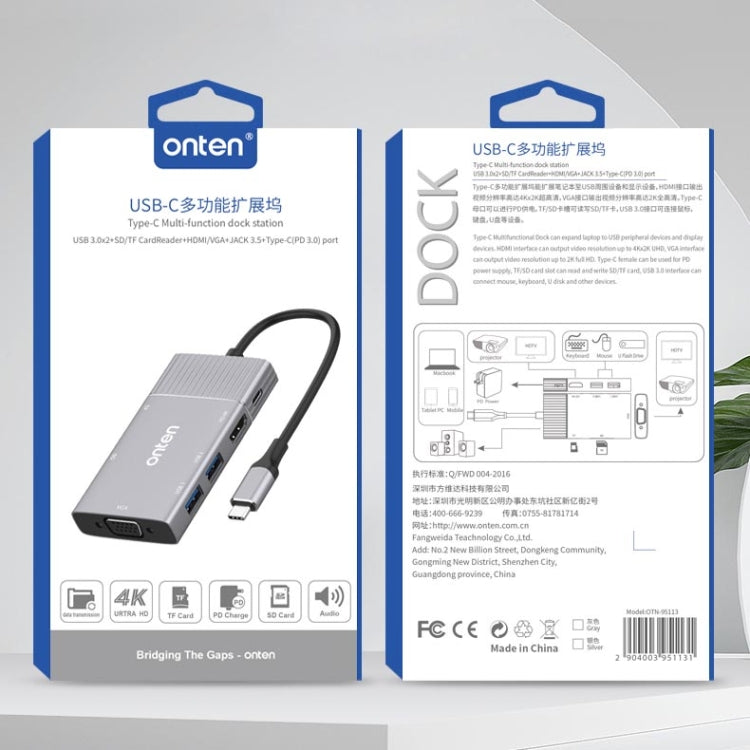 Onten 95113 8 In 1 USB 3.0 x2 + SD / TF + HDMI / VGA + 3.5mm Jack + Type-C / USB-C (PD 3.0) Multi-function HUB Converter Dock Station - free shipping - PMC Jewellery - Order now!