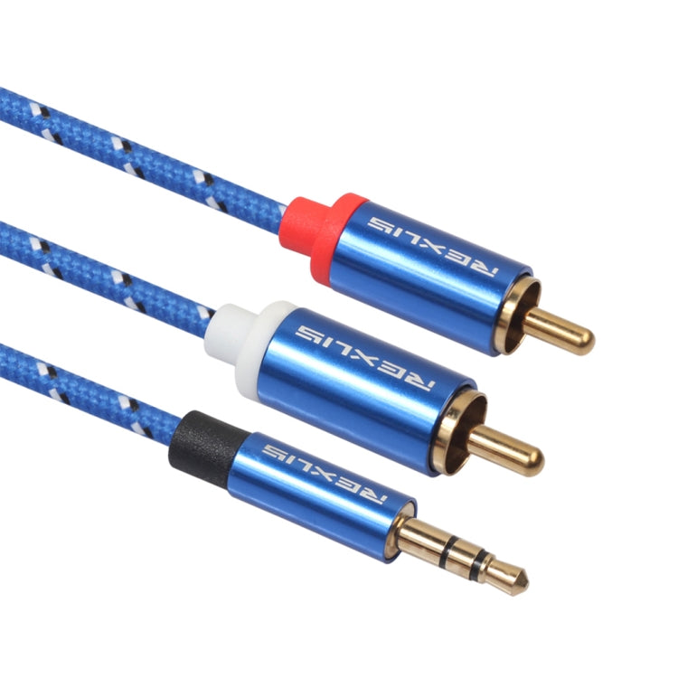 REXLIS 3610 3.5mm Male to Dual RCA Gold-plated Plug Blue Cotton Braided Audio Cable for RCA Input Interface Active Speaker, Length: 10m