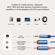 REXLIS 3610 3.5mm Male to Dual RCA Gold-plated Plug Blue Cotton Braided Audio Cable for RCA Input Interface Active Speaker, Length: 10m