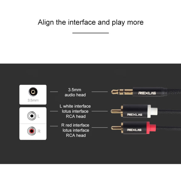 REXLIS 3635 3.5mm Male to Dual RCA Gold-plated Plug Black Cotton Braided Audio Cable for RCA Input Interface Active Speaker, Length: 10m