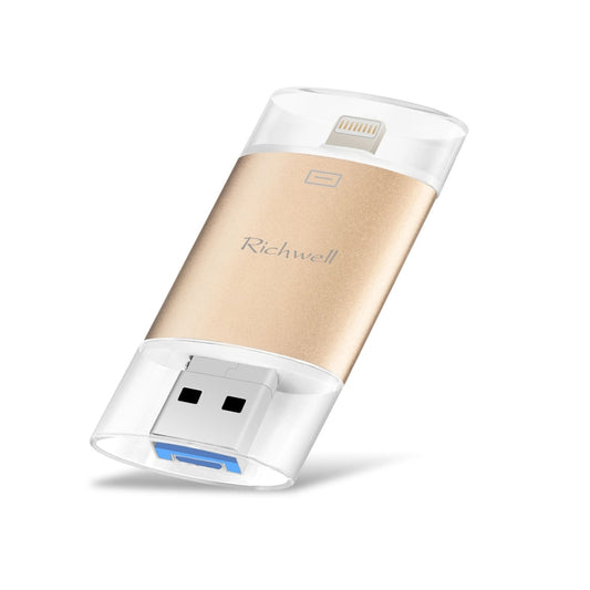 Richwell 3 in 1 128G Type-C + 8 Pin + USB 3.0 Metal Double Cover Push-pull Flash Disk with OTG Function(Gold) - free shipping - PMC Jewellery - Order now!
