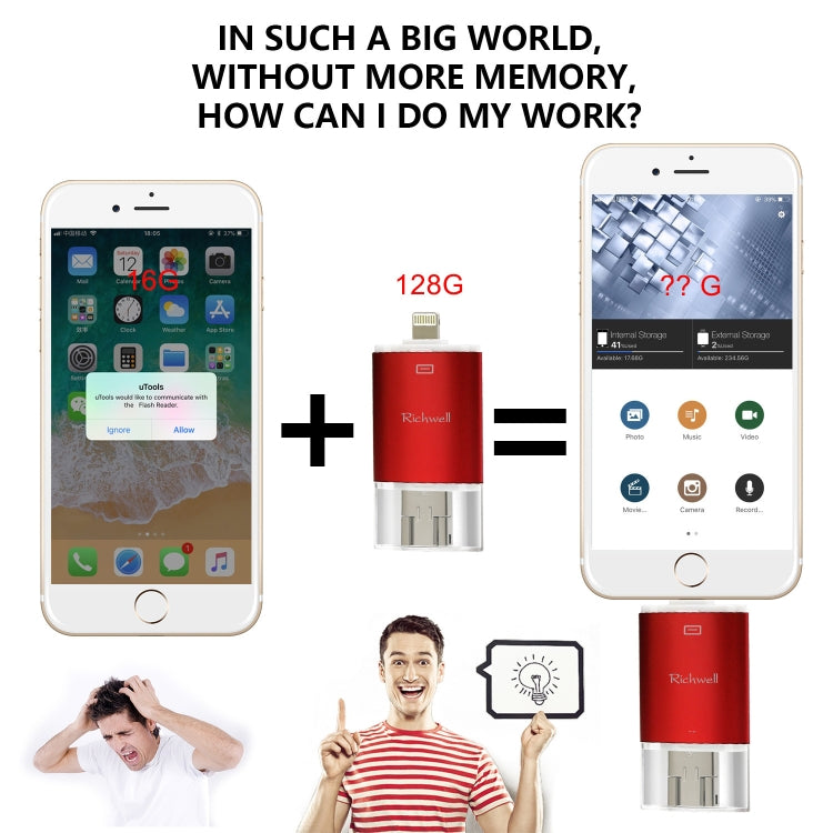 Richwell 3 in 1 64G Type-C + 8 Pin + USB 3.0 Metal Double Cover Push-pull Flash Disk with OTG Function(Silver) - free shipping - PMC Jewellery - Order now!