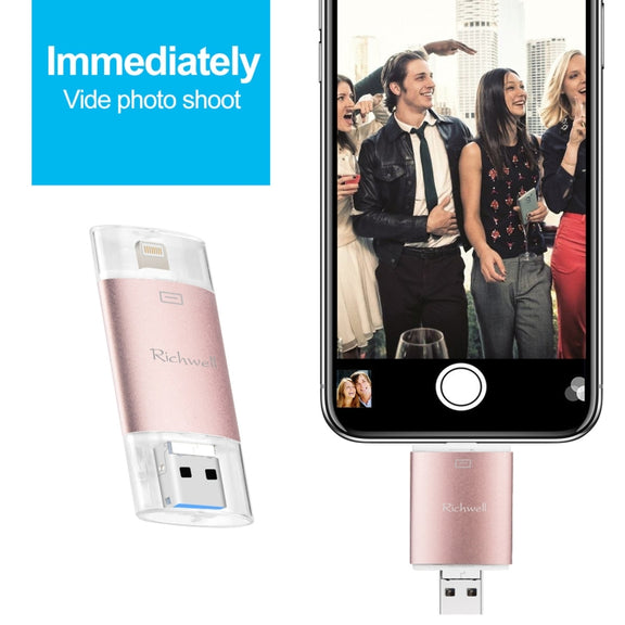 Richwell 3 in 1 32G Type-C + 8 Pin + USB 3.0 Metal Double Cover Push-pull Flash Disk with OTG Function(Rose Gold)