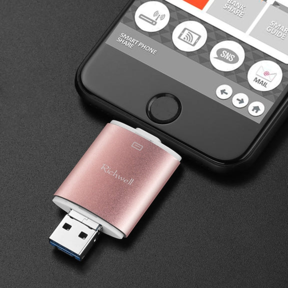 Richwell 3 in 1 32G Type-C + 8 Pin + USB 3.0 Metal Double Cover Push-pull Flash Disk with OTG Function(Rose Gold)