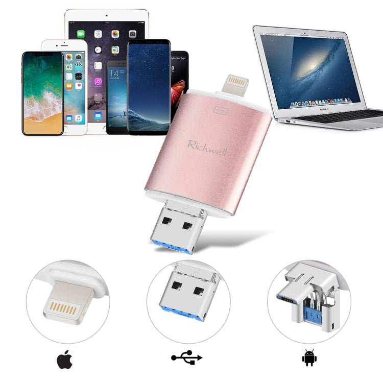 Richwell 3 in 1 16G Type-C + 8 Pin + USB 3.0 Metal Double Cover Push-pull Flash Disk with OTG Function(Black) - free shipping - PMC Jewellery - Order now!