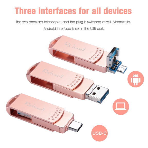 Richwell 3 in 1 16G Type-C + Micro USB + USB 3.0 Metal Flash Disk with OTG Function(Black)
