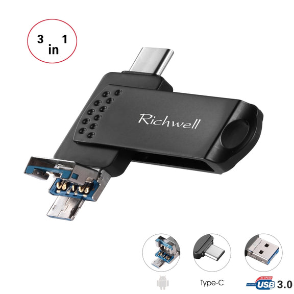 Richwell 3 in 1 128G Type-C + Micro USB + USB 3.0 Metal Flash Disk with OTG Function(Black)
