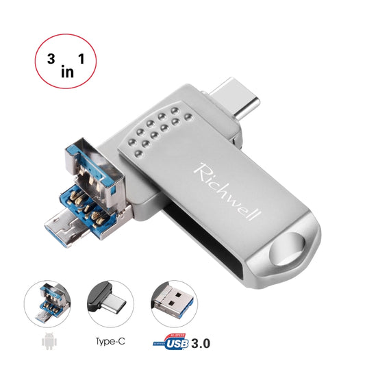 Richwell 3 in 1 128G Type-C + Micro USB + USB 3.0 Metal Flash Disk with OTG Function(Silver) - free shipping - PMC Jewellery - Order now!