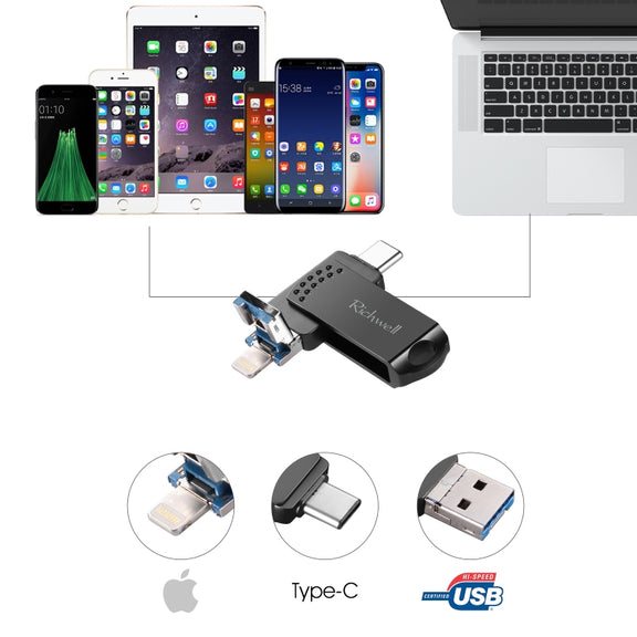 Richwell 16G Type-C + 8 Pin + USB 3.0 Metal Flash Disk with OTG Function(Black)