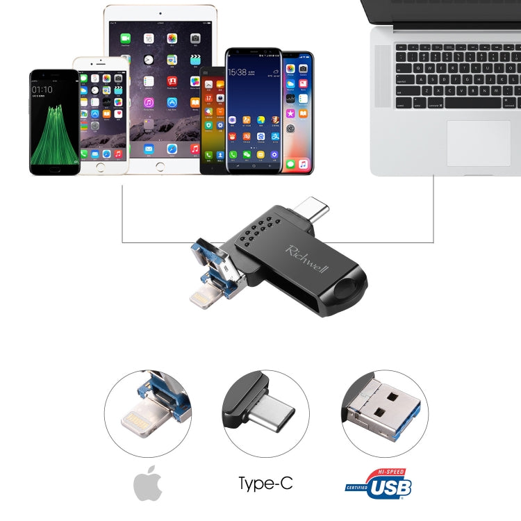 Richwell 32G Type-C + 8 Pin + USB 3.0 Metal Flash Disk with OTG Function(Rose Gold)