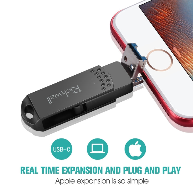 Richwell 128G Type-C + 8 Pin + USB 3.0 Metal Flash Disk with OTG Function(Black)