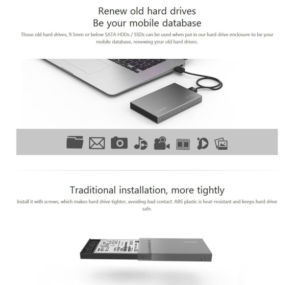 ORICO 2518S3 USB3.0 External Hard Disk Box Storage Case for 7mm & 9.5mm 2.5 inch SATA HDD / SSD (Grey)